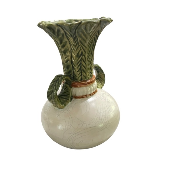 VTG Turnip Shape Ceramic Vases Raku Majolica Leaf Handles - Picture 5 of 12